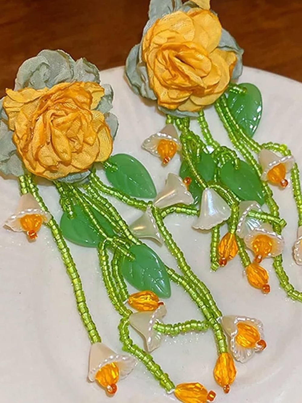 Yellow Flower Drop Earrings with Green Leaf Beads - Picture 3 of 4